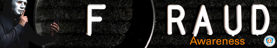 A dark image with the word "FRAUD" in white lettering on a black background, with a magnifying glass over the F. Below "FRAUD" are the words "Awareness" in orange text. In the bottom-left corner, a person in a black hoodie and a white mask holds a phone and has a finger to their lips in a shushing gesture. In the bottom-right corner is a circular logo for "Data Protection Officer" with the website "dataprotection.law/education".